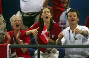 The Queen of Denmark, the Crown Princess and the Crown Prince at a handball match.