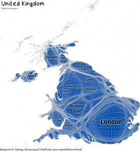 A cartogram of the UK.