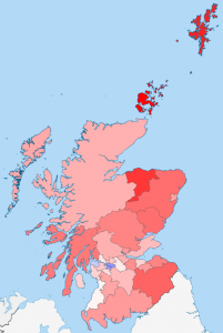 The colour of each council area shows the difference between the actual indyref result and my prediction. Red means it did less well, and blue means it did better.